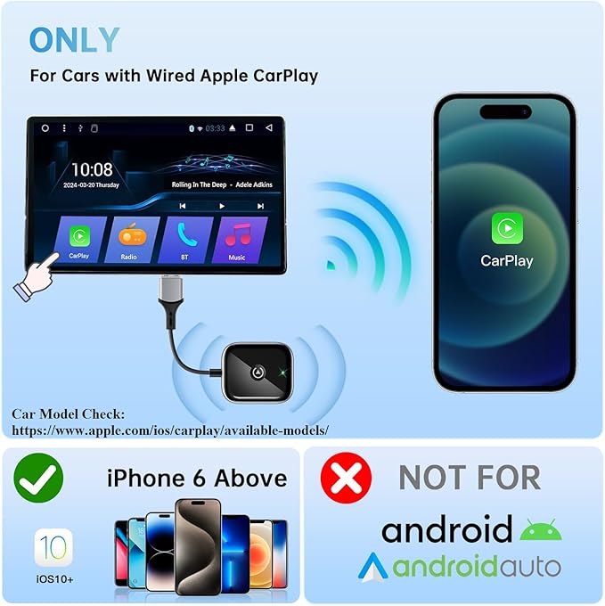 Wireless CarPlay Adapter for Apple CarPlay, Easy to Upgrade Wired CarPlay to Wireless, Instant Connectivity, Super Mini Car Play Dongle for iPhone Fit for Cars with Built-in CarPlay