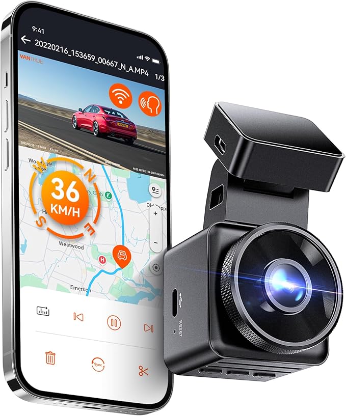 Vantrue E1 Lite 1080P WiFi Mini Dash Cam with GPS and Speed, Free App, Voice Control Detachable Dash Camera, 24 Hours Parking Mode, Night Vision, Motion Detection, Loop Recording, Support 512GB Max