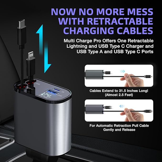 Multi Charge Pro iPhone Car Charger Fast Charging Retractable Car Charger USB C Auto Adapter, Powerful 120W 4-Port USB-C & USB-A and Lightning iPhone, Samsung, Tablets...