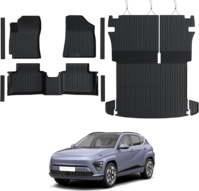 Floor Mats Set for 2024 2025 Hyundai Kona Gas, Full Coverage All Weather Floor Mats Cargo Mat with Backrest Protectors & Door Sill Guards for Hyundai Kona Accessories (Not fit EV/Electric)