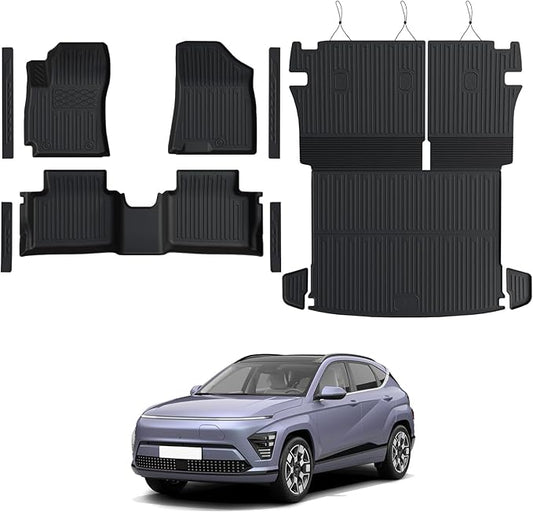 Floor Mats Set for 2024 2025 Hyundai Kona Gas, Full Coverage All Weather Floor Mats Cargo Mat with Backrest Protectors & Door Sill Guards for Hyundai Kona Accessories (Not fit EV/Electric)