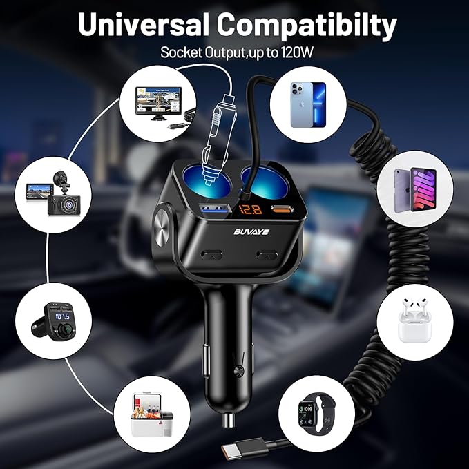 5 in 1 Cigarette Lighter Splitter with 5ft Coiled Cable, 2-Socket Cigarette Lighter Adapter, Dual Car Charger Splitter, 12V/24V Splitter for iPhone/iPad//GPS/Dash Cam/Laptop