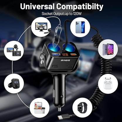 5 in 1 Cigarette Lighter Splitter with 5ft Coiled Cable, 2-Socket Cigarette Lighter Adapter, Dual Car Charger Splitter, 12V/24V Splitter for iPhone/iPad//GPS/Dash Cam/Laptop