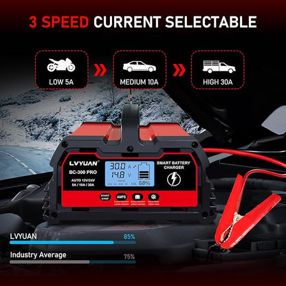 LVYUAN 30Amp Smart Car Battery Charger, 12V/24V Automotive Charger, Lead-Acid Battery, LiFePO4 Battery Maintainer with LCD Display, Trickle Charger, for Lawn Mower, Motorcycle, AGM, STD, Gel, EFB,etc