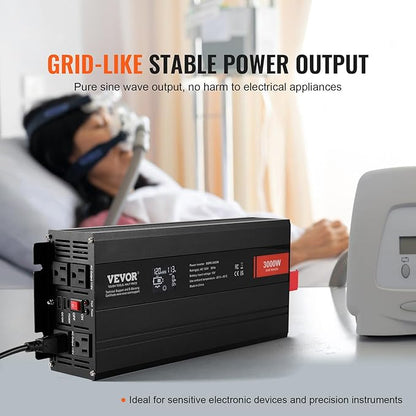 VEVOR Pure Sine Wave Inverter, 3000 Watt, DC 12V to AC 120V Power Inverter with 2 AC Outlets 2 USB Port 1 Type-C Port, LCD Display and Remote Controller for Large Home Appliances, CE FCC Certified