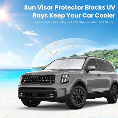 Custom Fit Telluride Windshield Sunshade for Kia Telluride 2020-2025 Front Window Shades Cover for Windshield Sun Visor Protector 210T Reflector Block Heat and Sun Protection Cooler Car Accessories