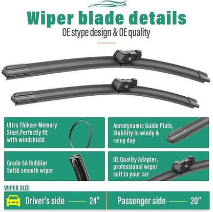 24" 20" 14" Windshield Wiper Blades Replacement for Volvo XC40 2019 2020 2021 2022 2023 2024 / XC 40 Recharge 2021-2024 / V90 Cross Country 2017-2024 Premium All Weather Front Rear Wipers-(Pack of 3)