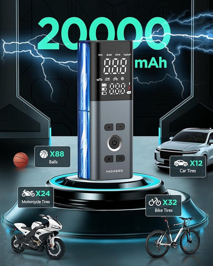 Tire Inflator Portable Air Compressor, 150PSI Air Pump For Car Tires with Accurate Tire Pressure Gauge, 20,000mAh Cordless Air Compressor for Car, Motorcycle, Bike, Balls and More, Smart Autostop