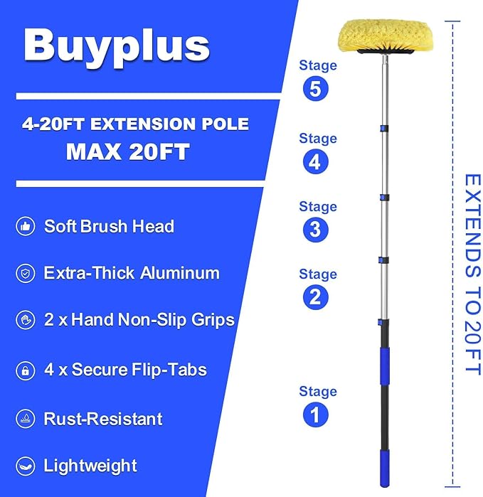 Buyplus Car Wash Brush with 20FT Long Handle, Car Brushes for Washing 12-Inch Soft Bristles with Aluminium Telescoping Pole for Scratch-Free Cleaning RV, House Siding, Floors, Solar Panels,Blue