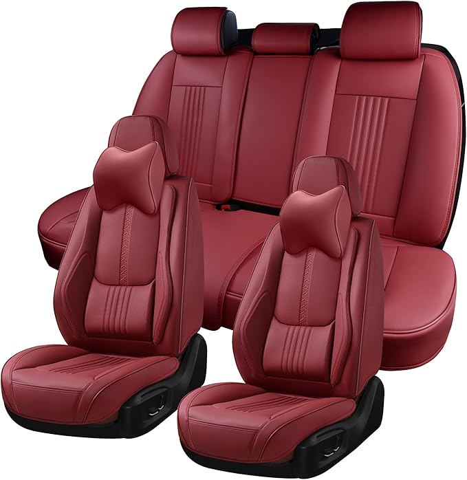 Car Seat Covers Full Set, Front and Rear Seat Covers for Cars, Waterproof Leather Auto Seat Protectors with Head Pillow, Car Seat Cushions Fit for Most Sedans SUV Pick-up Truck, Wine Red