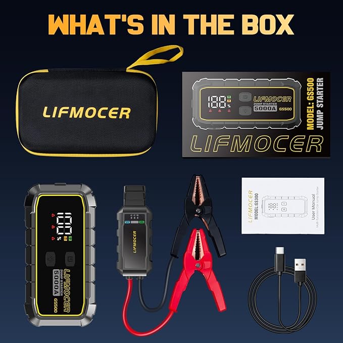 GS500 Car Jump Starter - 5000A Car Battery Jump Starter for Up to All Gas and 10.0L Diesel Engines, 12V Portable Jump Box with Storage Case USB Quick Charge, and LCD Display