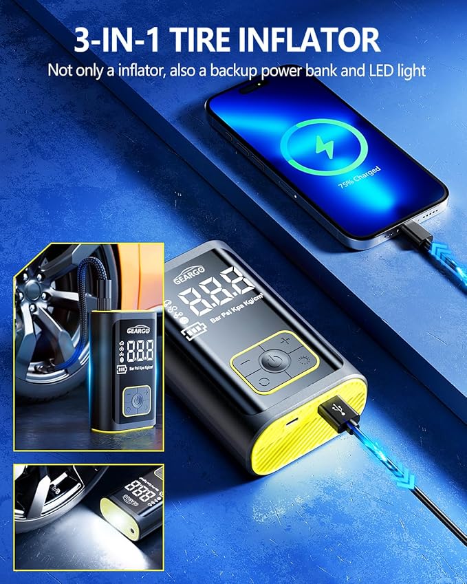 GEARGO Portable Tire Inflator Air Compressor 150PSI Cordless Air Pump for Car, Motorcycle, Bicycle Tires, Balls, 3X Faster Auto Smart Air Pump with Digital Pressure Gauge, LED Light, Black Yellow