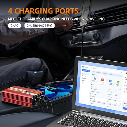 500W Power Inverter DC 12V to 110V/120V AC Car Inverter with 2 x 3.0A USB Ports and Dual AC Outlet, Equipped with 1 Cigarette Lighter and 2 Battery Clamps for Road Trip and Camping