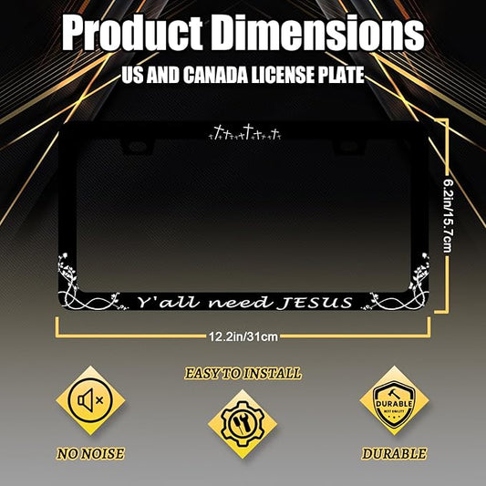 Y'all Need Jesus License Plate Frame Christian License Plate Frames Jesus Auto Accessory for Funny Text Car Decorative Stainless Steel License Plate Holder with Screws Men Women 12.2"x 6.2"