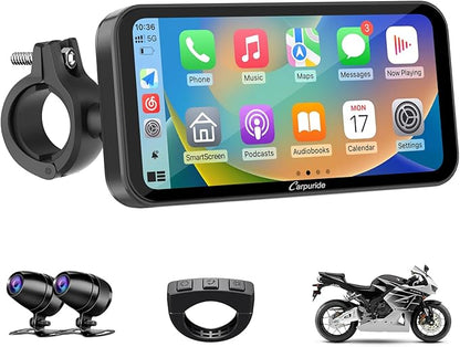 Carpuride W603D Motorcycle GPS Carplay Screen, Wireless CarPlay & Android Auto for Moto, with HD 1080P Dual Cameras, Remote Control，6.3" Waterproof Touchscreen, BT Aduio, Loop Recording, Navigation