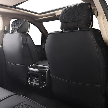 JOJOBAY Car Seat Covers for Dodge Ram Full Set,Fit Ram 2009-2025 1500/2500/3500 Pick-up Truck,Crew,Regular,Quad,Mega Cab,Waterproof Leather Seat Covers Protectors（5 PCS Full Set,Black/Red）