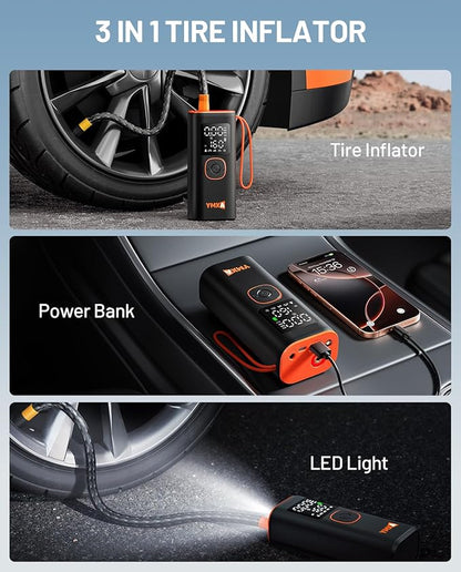 Portable Tire Inflator For Car - 5X Faster 160 PSI, DC 12V Air Pump For Car Tires, Portable Air Compressor With Large Dual Digital Screen, Tire Air Pump For with Light Truck, Motorcycle, Bike