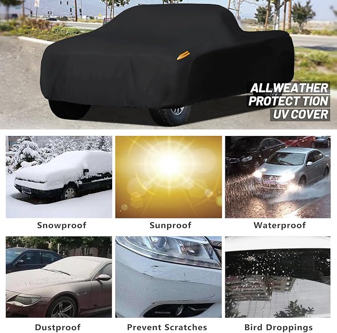 MORNYRAY Waterproof Car Cover All Weather Snowproof UV Protection Windproof Outdoor Full Truck Cover, Universal Fit for (All Black, Fit Truck Length Up to 210 inch)