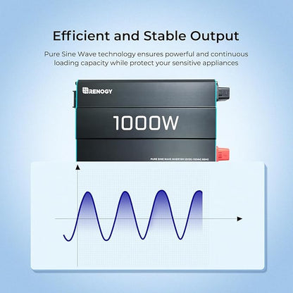 Renogy 1000W Pure Sine Wave Inverter 12V DC to 120V AC Converter for Home, RV, Truck, Off-Grid Solar Power 110V with Built-in 5V/2.1A USB Port, Hardwire Remote Controller