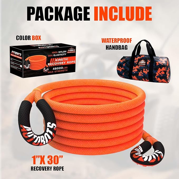 AUTOBOTS Kinetic Recovery Rope 1" x 30'(48,600lbs)，Heavy Duty Tow Rope Tow Strap for Truck ATV UTV SUV Car，Offroad Recovery Kit