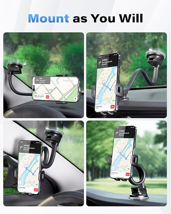 1Zero Solid Car Truck Phone Mount Holder with 14-Inch Gooseneck Long Arm, Windshield Window Mobile Holders w/Industrial-Strength Suction Cup, Anti-Shake Stabilizer Compatible All Cell Phones, Black