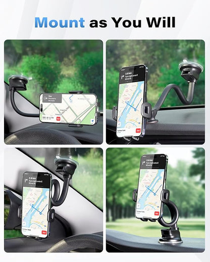 1Zero Solid Car Truck Phone Mount Holder with 14-Inch Gooseneck Long Arm, Windshield Window Mobile Holders w/Industrial-Strength Suction Cup, Anti-Shake Stabilizer Compatible All Cell Phones, Black