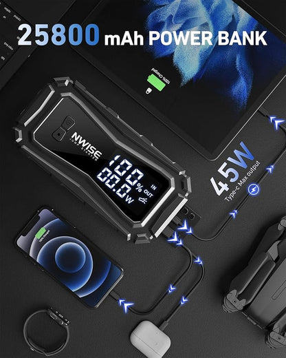 NWISE Car Jump Starter, 6000A Peak 25800mAh Portable Battery Starter (Up to 10L Gas or 8L Diesel Engine) with Smart Safety Jumper Clamps,12V Jump Boxes Large Screen with 45W Fast Charging