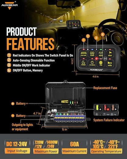 Auxbeam 8 Gang Switch Panel Bluetooth AR-800 RGB Switch Pod with Backlit Off Toggle Momentary Pulsed Auxiliary Switch Panel for Truck SUV ATV Marine RV Multifunction 12-24V Waterproof 2 Years Warranty