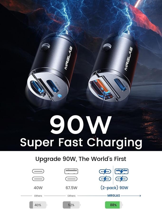 MRGLAS 90W USB C Car Charger,2-Pack Super Mini Metal USB C Car Charger Fast Charging Adapter [PD+QC]&[Dual PD],Cigarette Lighter Compatible with iPhone 15 14 Pro Max iPad Samsun