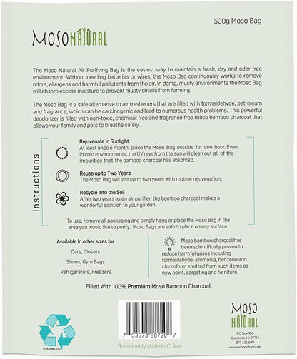 Moso Natural Air Purifying Bag 500g (2 Pack) Premium Bamboo Charcoal Odor Absorber for Home, Bedroom, Kitchen, Basement | Unscented Pet Odor Eliminator | Large Charcoal Deodorizer Bag Covers 250sqft