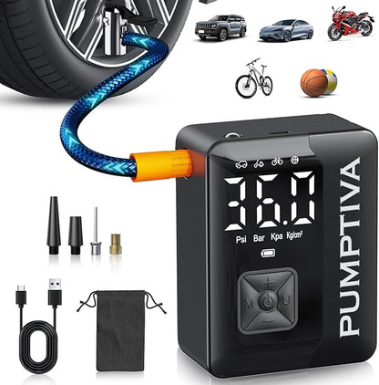 Tire Inflator Portable Air Compressor, 150 PSI Portable Electric Bike Pump Auto Shut-Off Cordless Car Tire Air Pump with Accurate LCD Display LED Light for Car, Motorcycle, Bicycle, Bike, Ball