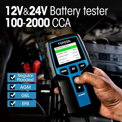 Car Battery Tester 24V 12V Load Tester, TOPDON BT200 100-2000CCA Automotive Alternator Tester Digital Auto Battery Analyzer Charging Cranking System Tester for Car Truck Motorcycle ATV SUV Boat Yacht