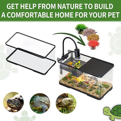 (Tank + Light + Filter Balls) Turtle Tank Kit, Turtle Tank Starter Kit,Bottom Drainage, Multi-Function Areas for Turtles, Crabs,Fishes, Amphibians,Reptiles. (15.75 x 8.64 x 8.64 Inch)
