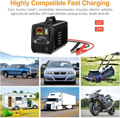 Outerman Car Battery Charger,24V/12V Fully-Automatic Battery Charger for Lead-Acid Batteries,Fast Charging Battery Maintainer/Trickle Charger/Battery Desulfator,for Large Capacity: 6~300AH