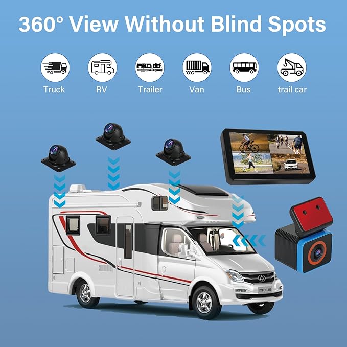 6CH RV Camera System 4G WiFi Live View GPS Tracking 10.1" AI Touch Screen Monitor with 4 Pieces 1080P Waterproof Night Vision Front Side Backup Camera Sentry Mode Blind Spot Pedestrian Detection