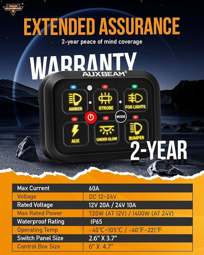 Auxbeam RGB 6 Gang Switch Panel RA60 Auto-Dimmable Switch Panel w/Momentary Toggle Pulsed Memory Function, 12-24V Switch Panel for Truck UTV Car Boat Waterproof, 2-Year Warranty