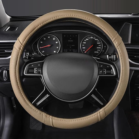 Car Pass Classical Leather Automotive Universal Steering Wheel Covers,Universal Fit for Suvs,Trucks,Sedans,Cars,Vans,14.5-15inch Anti-Slip Safety Comfortable Desgin(Beige)