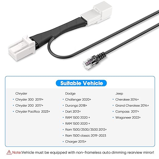 Radar Detector Power Adapter RJ11 Plug (10P Type C) Compatible with Dodge RAM,Charger,Challenger,Grand Cherokee,Chrysler,with Auto-dimming Rearview Mirror,Radar Detector Adapter Cable,Clean Install