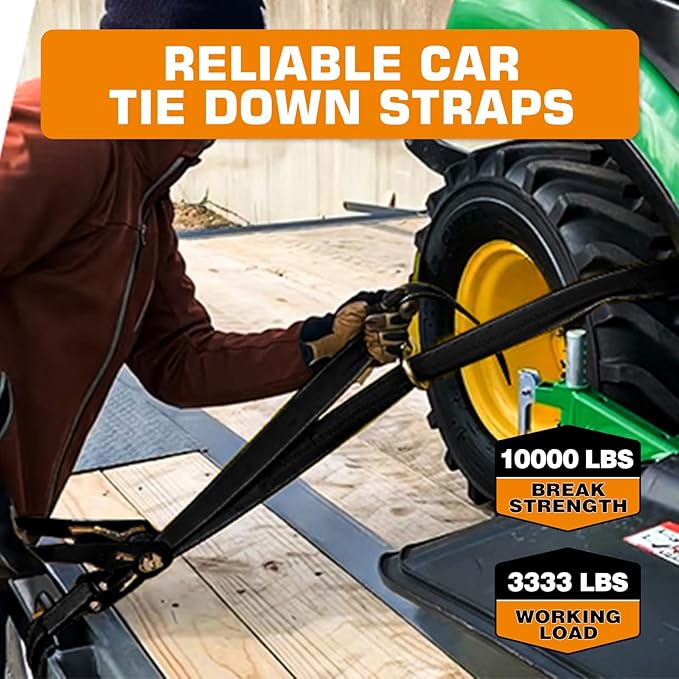 Kingfun Car Tie Down Straps for Trailers 4 Pack– Heavy Duty 2" x 120" Trailer Tire Straps with 3333 lbs Safe Working Load, Over The Wheel Strap for Car Hauler, Truck, UTV, and Utility Trailers