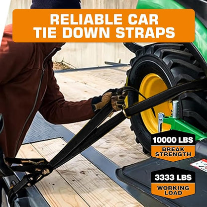 Kingfun Car Tie Down Straps for Trailers 4 Pack– Heavy Duty 2" x 120" Trailer Tire Straps with 3333 lbs Safe Working Load, Over The Wheel Strap for Car Hauler, Truck, UTV, and Utility Trailers