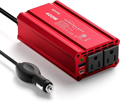 BESTEK 400W Car Power Inverter DC 12V to AC 110V Car Plug T-Type Sine Wave Inverter Adapter Power Converter with PD30W & QC18W Dual USB Charging Ports