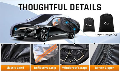 Honda Accord Car Cover Waterproof All Weather with Silver Strip Design, Custom Fit for Honda Accord 2005–2025, Accord Accessory with Door Zipper & Windproof Straps