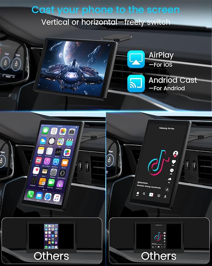 8” Wireless Apple CarPlay Screen for Car with Android Auto & 1080P Backup Camera, Rotatable Touchscreen Car Stereo, Vertical & Horizontal Mode, Bluetooth, GPS Navigation, Mirror Link