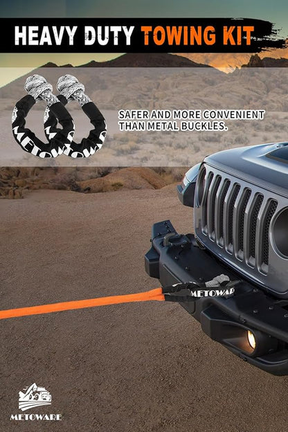 METOWARE Kinetic Recovery Rope (1’’ x 10ft) Offroad Tow Kit with 1/2inch x 22 Inch Soft Shackles，Heavy Duty Offroad Recovery Kit for UTV, ATV, Truck, Car