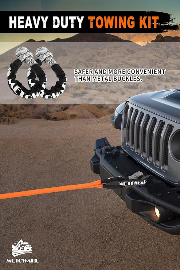 Metoware Kinetic Recovery Rope Kit with 2 Soft Shackles, 56000lbs, 1.25'' X 30FT, Heavy Duty Tow Rope for UTV, ATV, Truck, Tractor