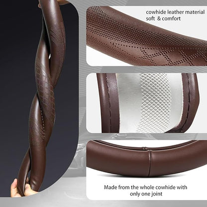 【2025 Model】 High-Grade Real Cowhide Steering Wheel Cover for Men Women，Brown Genuine Leather Steering Wheel Cover for Cars,Universal 14.5-15 inch Steering Wheels,Grid & Square Motif