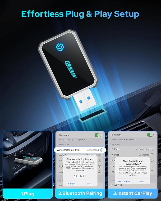 FAHREN Mini Wireless CarPlay Adapter,Bluetooth & WiFi Connection,Plug-N-Play,No Lag for Navigation,Compatible with iOS 10+ & Car 2016+,USB-A Extension Cable & Type-C Adapter.