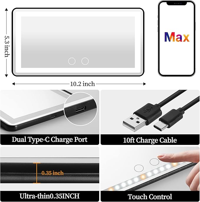 Car Sun Visor Vanity Mirror with Lights, Rechargeable Car Makeup Mirror Accessories, Birthday Gifts for Women Girl, 3 Light Modes, Dimmable Touch Led Screen, Universal for Car Truck