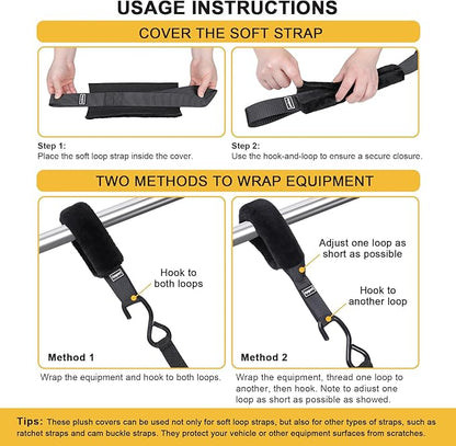 Ayaport Soft Tie Cover Set Include 4 pcs Synthetic Sheepskin Plush Covers and 4 pcs Soft Loop Tie Down Straps for Protecting Motorcycle, Dirt Bike, ATV, UTV etc. 1"x15"