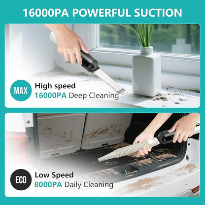Mini Car Vacuum, 5 in 1 Cordless Handheld Vacuum Cleaner 16800Pa Suction Power, Type-C Charge & LED Display, Multi-Nozzles, Blowing & Inflating Lighting Modes Portable Vacuum for Car Office Pet Home